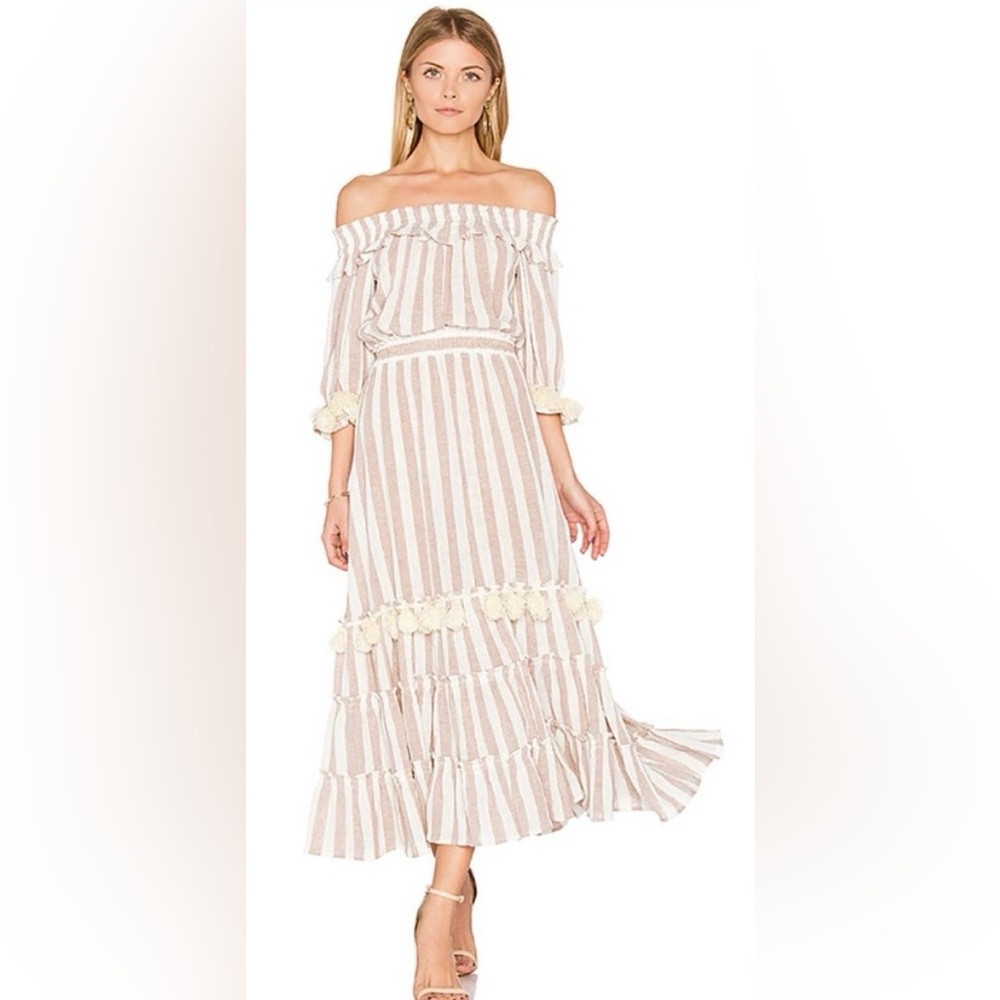 Misa Los Angeles Ava Tan Striped Tassel Tiered Midi Dress Puff Sleeves Size S